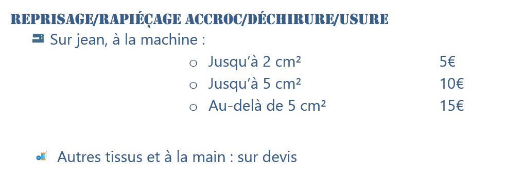 Tarifs retoucherie retouches La Rochelle Couture Machine à coudre Artisanat Coudre à la main Réparer Vêtements Reprisage Repriser Rapiéçage Rapiécer Accroc Déchirure Usure Jean